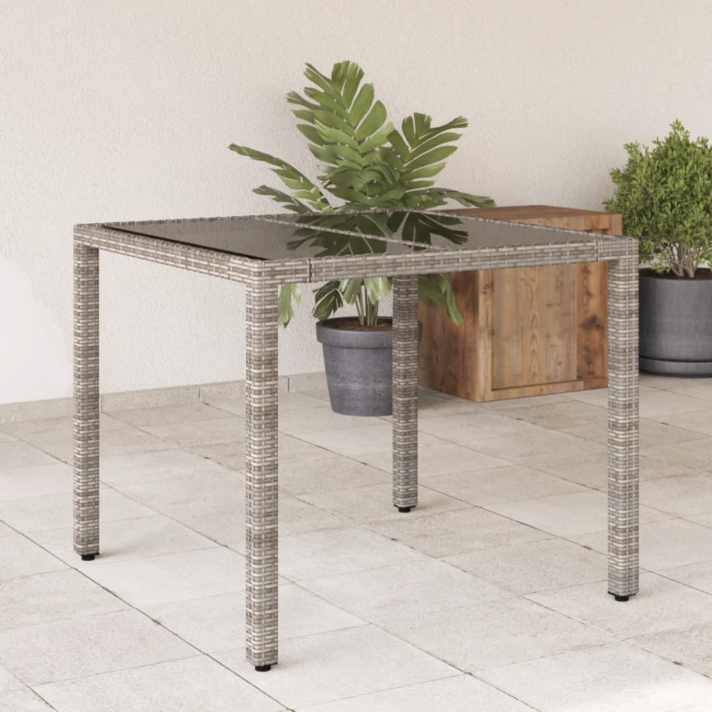vidaXL Masă de grădină cu blat din sticlă, gri, 90x90x75 cm, poliratan vidaXL Masă de grădină cu blat din sticlă, gri, 90x90x75 cm, poliratan