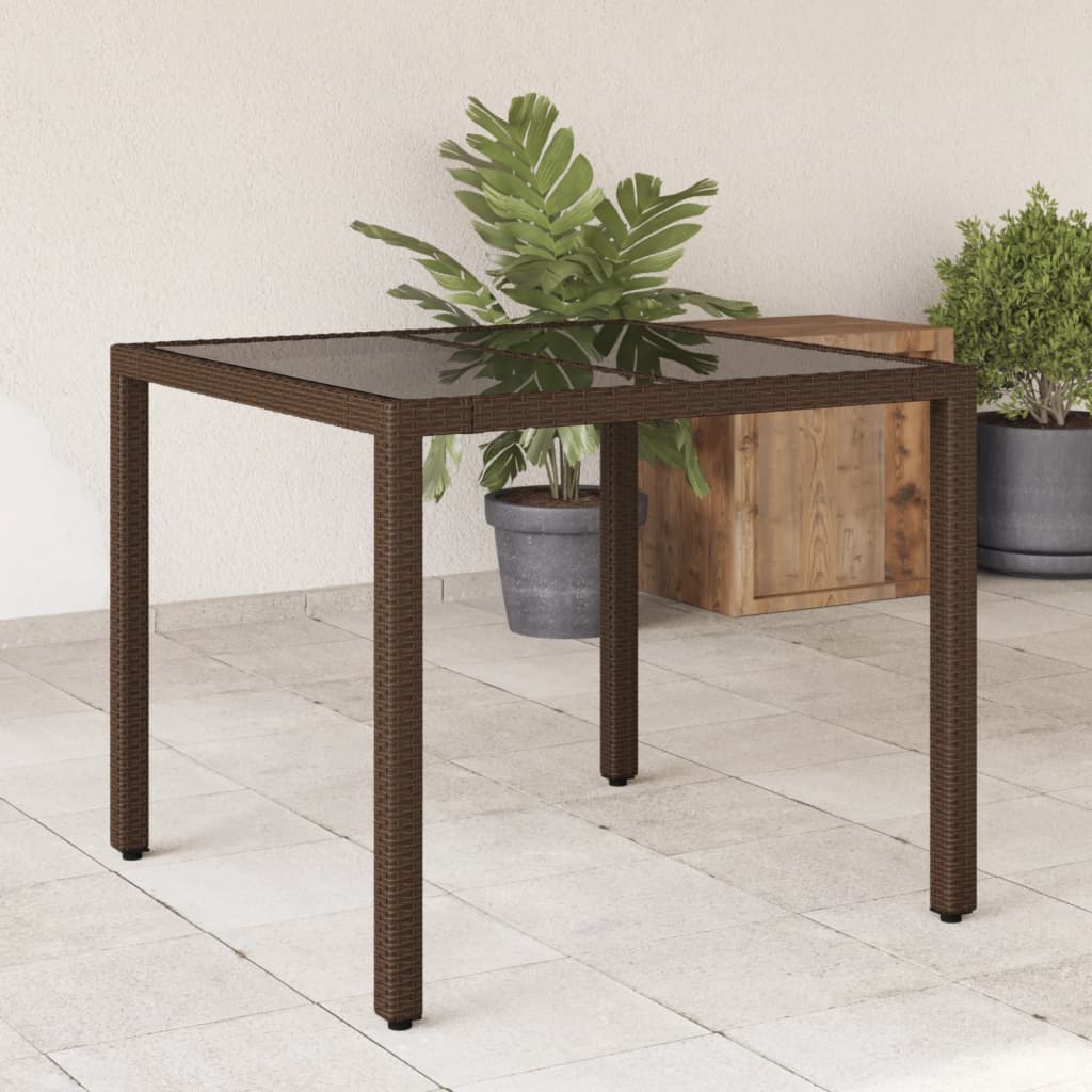 vidaXL Masă de grădină cu blat din sticlă, maro, 90x90x75cm, poliratan vidaXL Masă de grădină cu blat din sticlă, maro, 90x90x75cm, poliratan