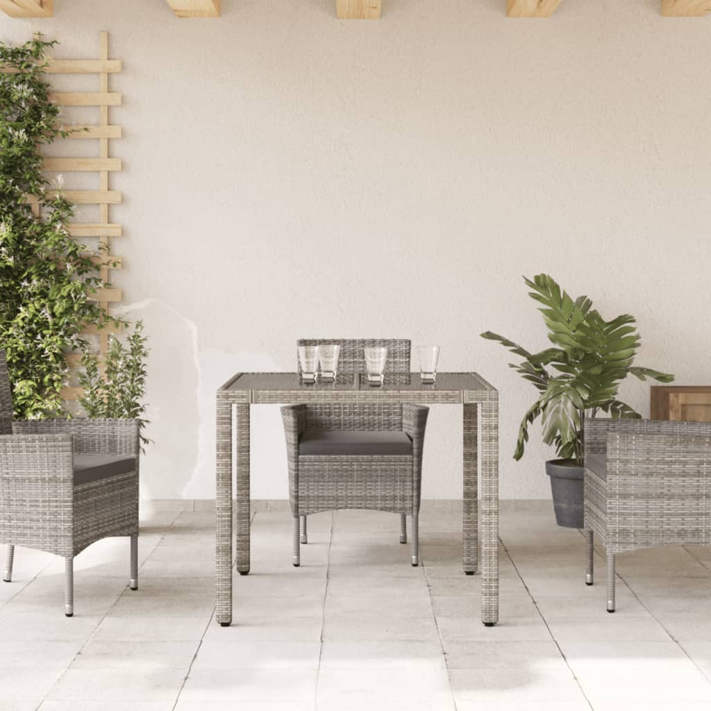 vidaXL Masă de grădină cu blat din sticlă, gri, 90x90x75 cm, poliratan vidaXL Masă de grădină cu blat din sticlă, gri, 90x90x75 cm, poliratan