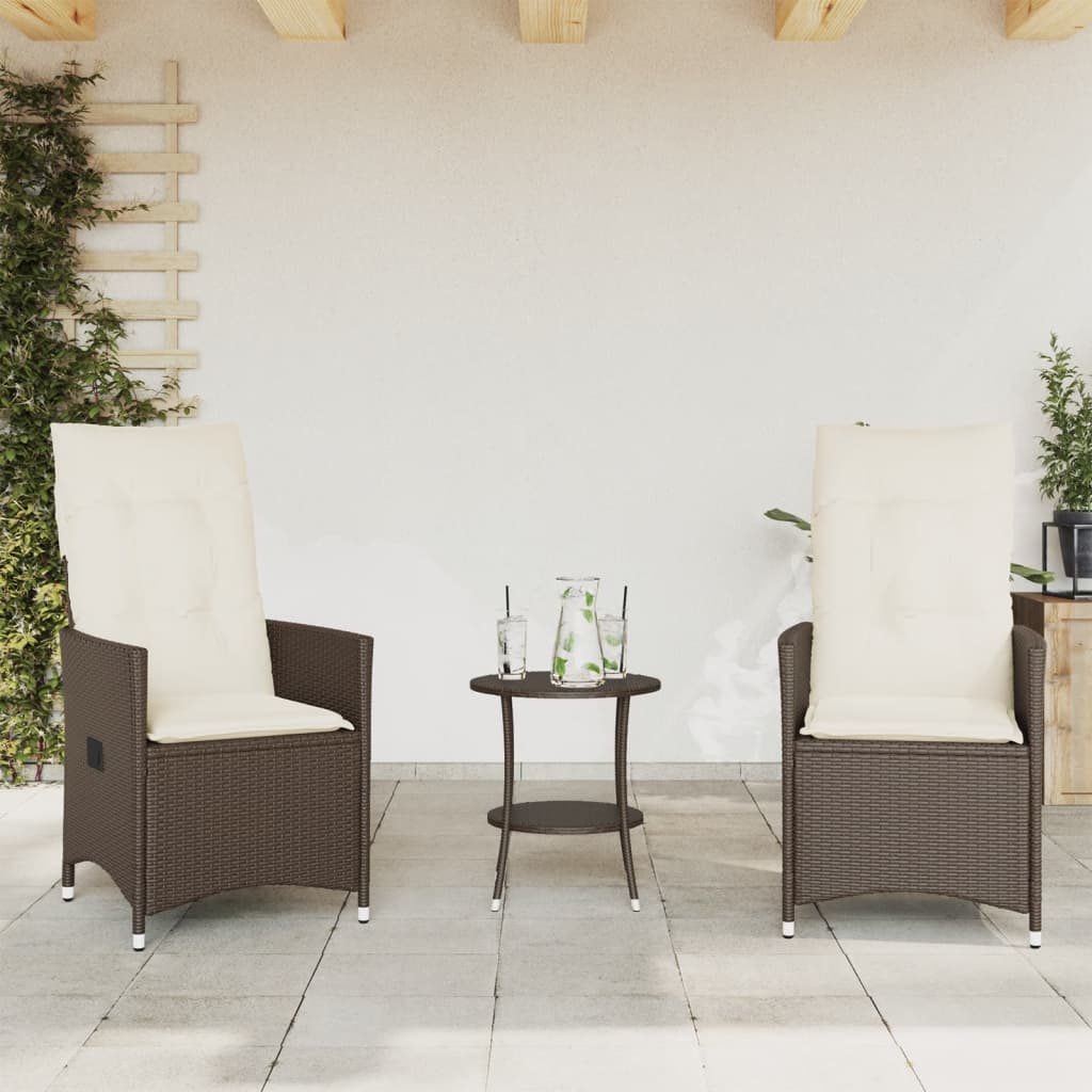 vidaXL Set bistro cu perne, 3 piese, maro, poliratan
