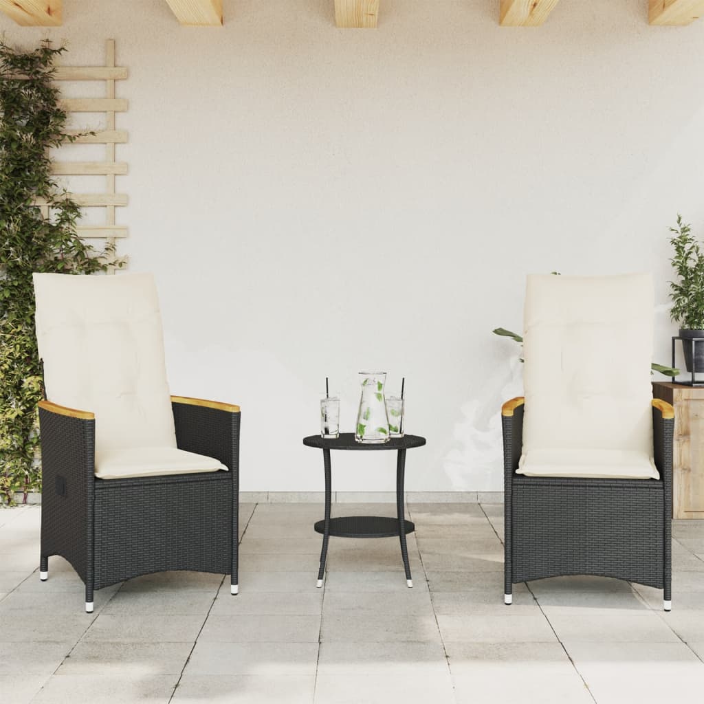 vidaXL Set bistro cu perne, 3 piese, negru, poliratan