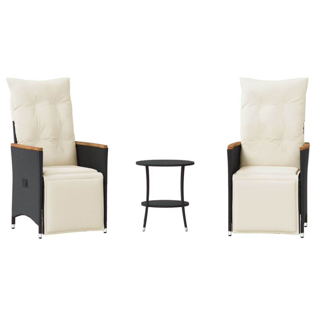 vidaXL Set bistro cu perne, 3 piese, negru, poliratan