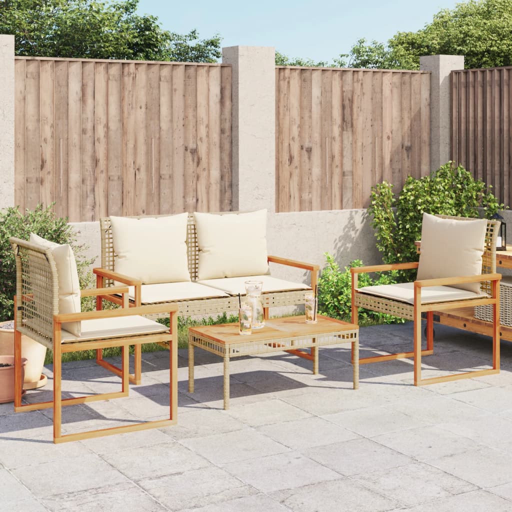 vidaXL Set mobilier de grădină, 4 piese, cu perne, mix bej, poliratan