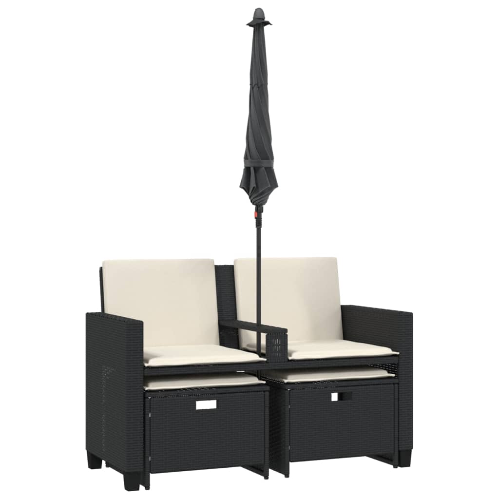 vidaXL Canapea de grădină cu 2 locuri/umbrelă/taburete negru poliratan
