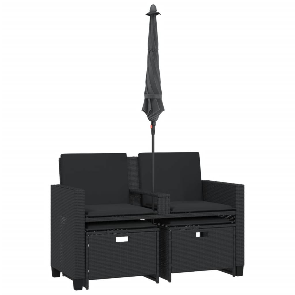 vidaXL Canapea de grădină cu 2 locuri/umbrelă/taburete negru poliratan