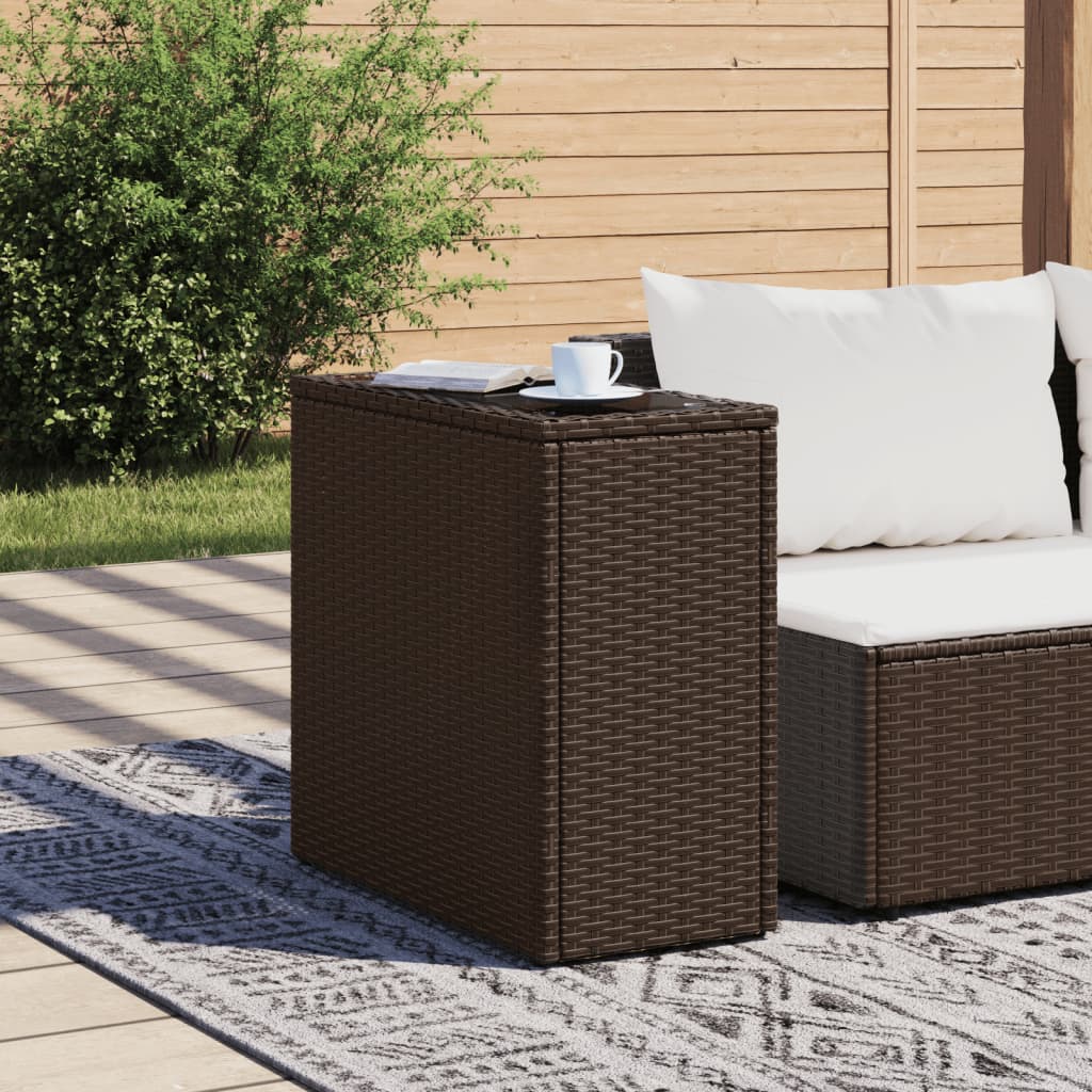 vidaXL Masă laterală grădină, blat sticlă, maro 58x27,5x55cm poliratan vidaXL Masă laterală grădină, blat sticlă, maro 58x27,5x55cm poliratan