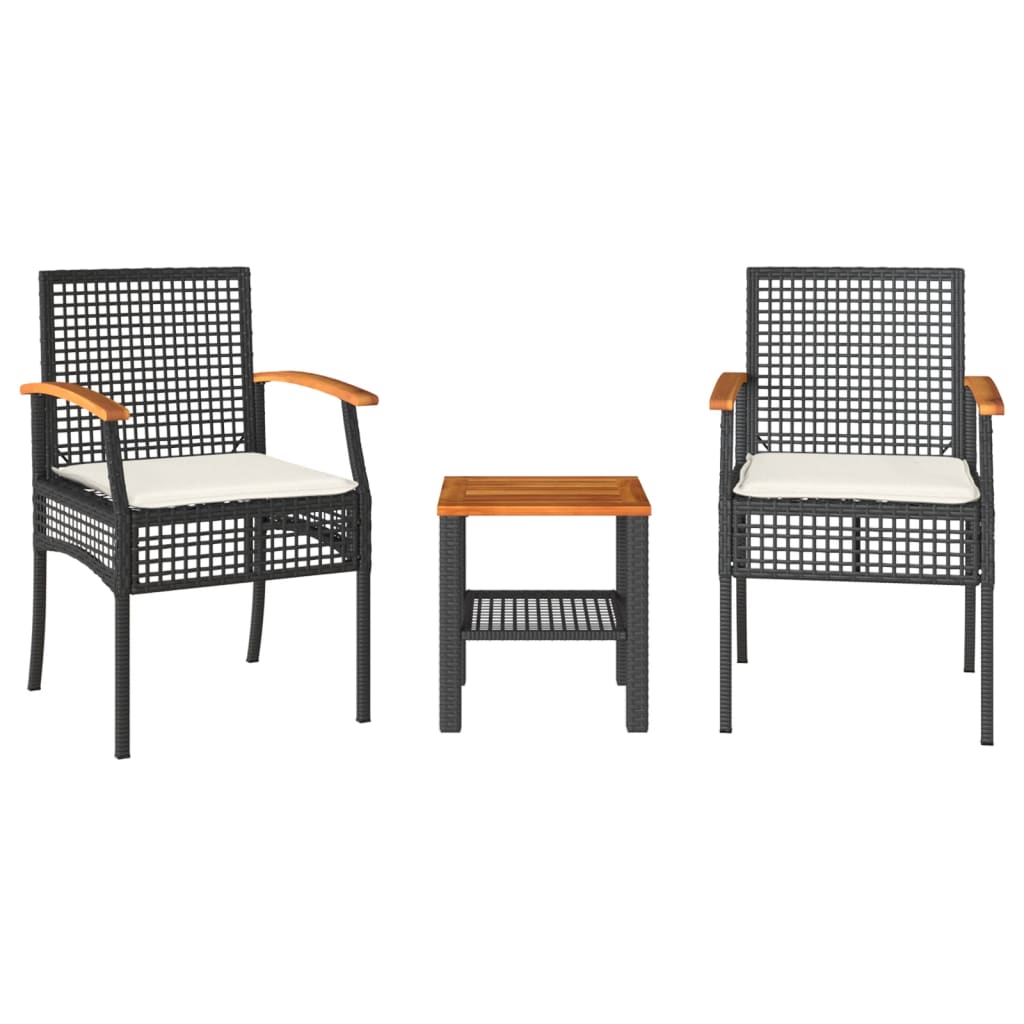 vidaXL Set bistro cu perne, 3 piese, negru, poliratan și lemn acacia