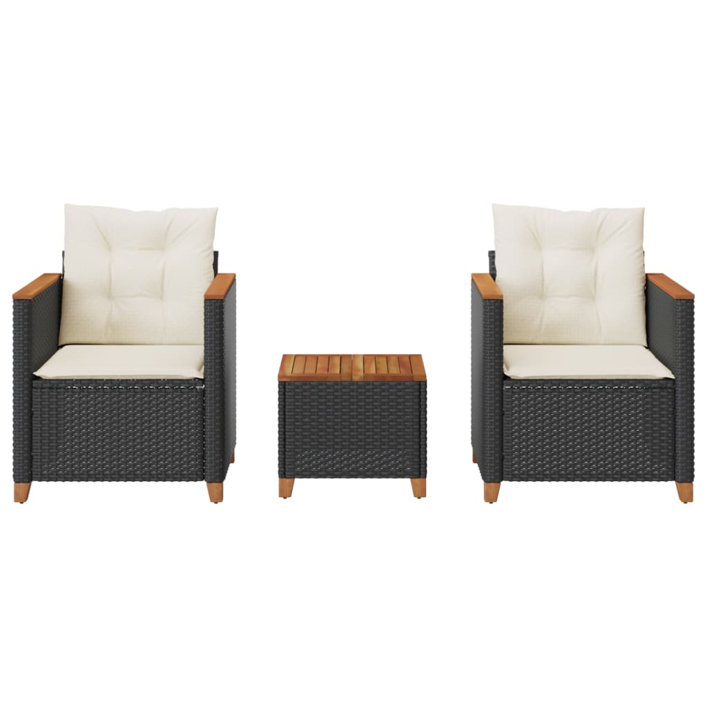 vidaXL Set bistro cu perne, 3 piese, negru, poliratan și lemn acacia vidaXL Set bistro cu perne, 3 piese, negru, poliratan și lemn acacia