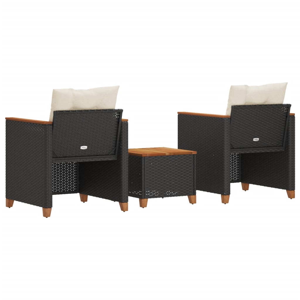 vidaXL Set bistro cu perne, 3 piese, negru, poliratan și lemn acacia vidaXL Set bistro cu perne, 3 piese, negru, poliratan și lemn acacia