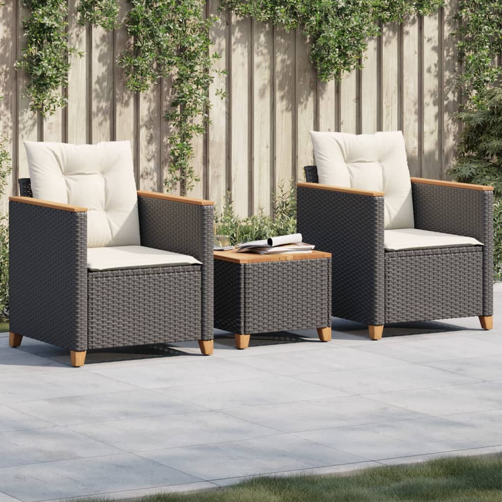 vidaXL Set bistro cu perne, 3 piese, negru, poliratan și lemn acacia vidaXL Set bistro cu perne, 3 piese, negru, poliratan și lemn acacia