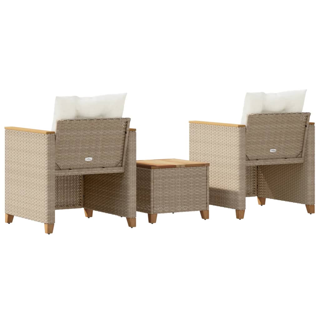 vidaXL Set bistro cu perne, 3 piese, bej, poliratan și lemn acacia