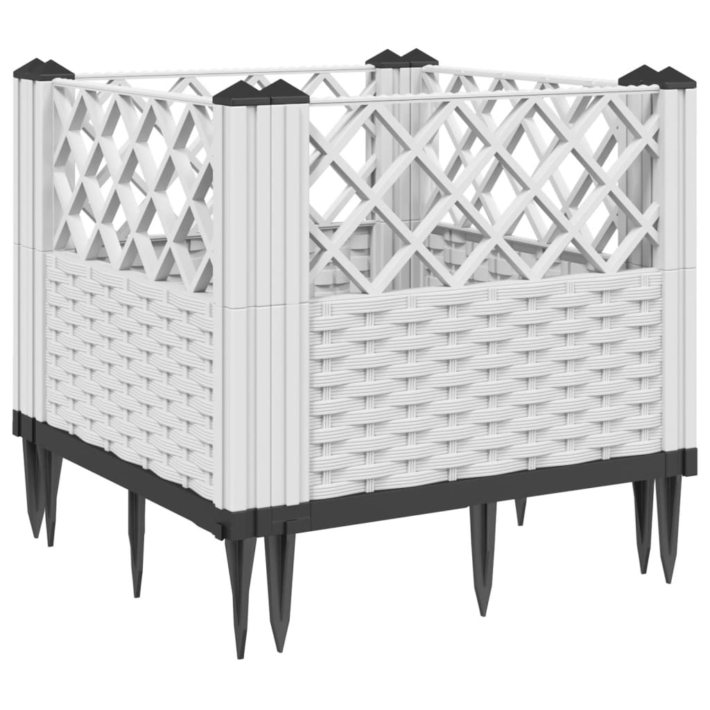 vidaXL Jardinieră de grădină cu țăruși, alb, 43,5x43,5x43,5 cm, PP