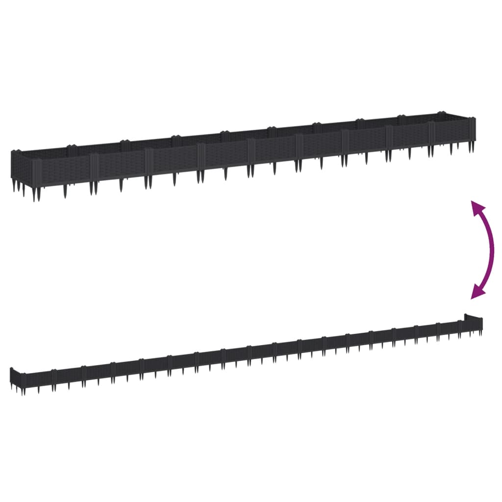 vidaXL Jardinieră de grădină cu țăruși, negru, 362,5x42,5x28,5 cm, PP