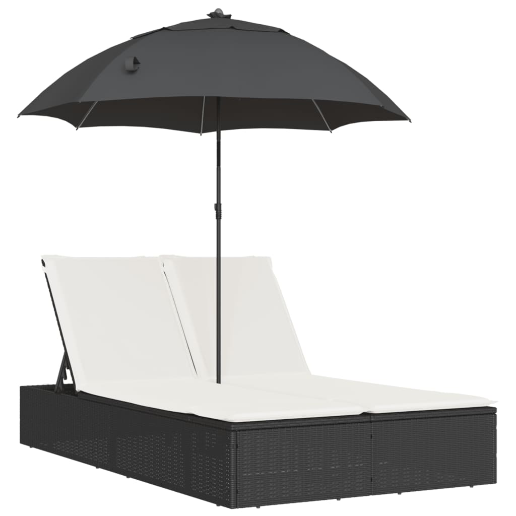 vidaXL Șezlong dublu cu perne/umbrelă de soare, negru, poliratan vidaXL Șezlong dublu cu perne/umbrelă de soare, negru, poliratan