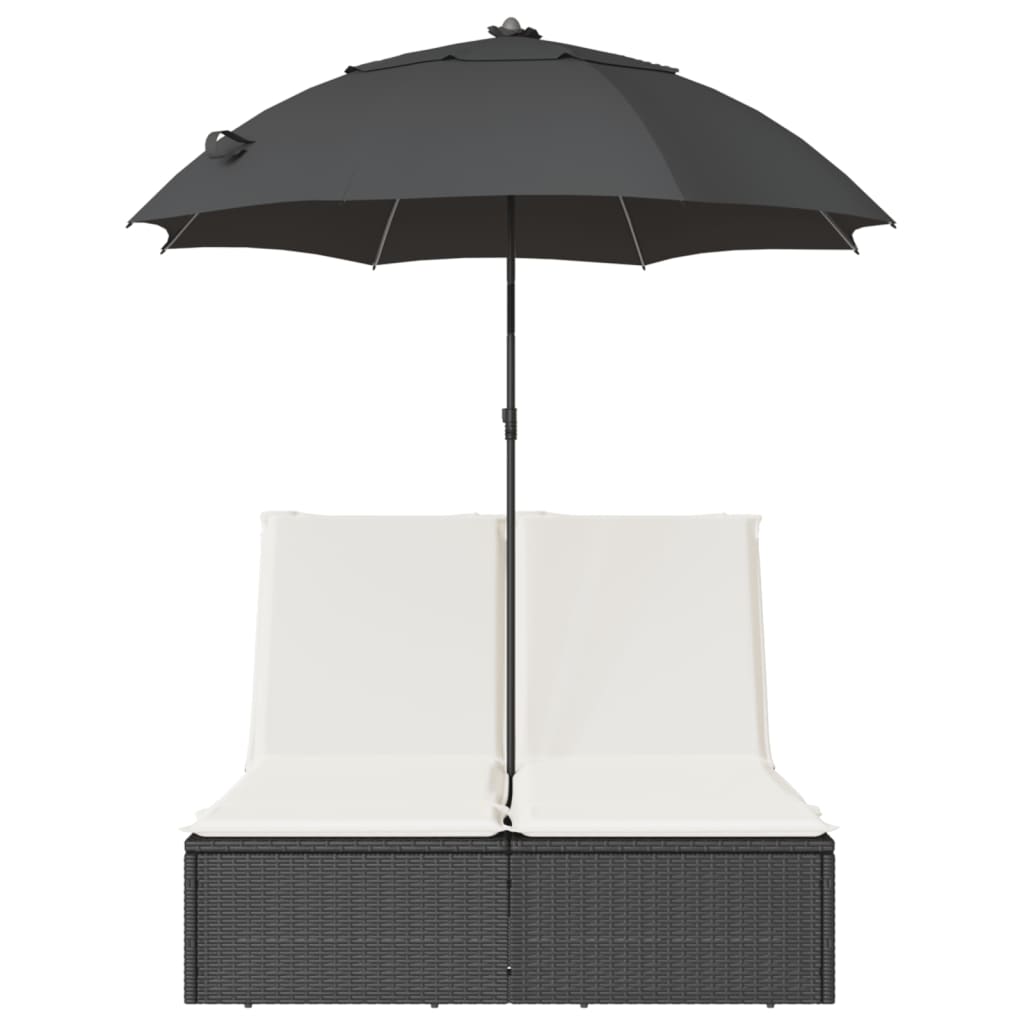vidaXL Șezlong dublu cu perne/umbrelă de soare, negru, poliratan vidaXL Șezlong dublu cu perne/umbrelă de soare, negru, poliratan