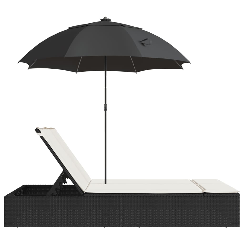 vidaXL Șezlong dublu cu perne/umbrelă de soare, negru, poliratan vidaXL Șezlong dublu cu perne/umbrelă de soare, negru, poliratan