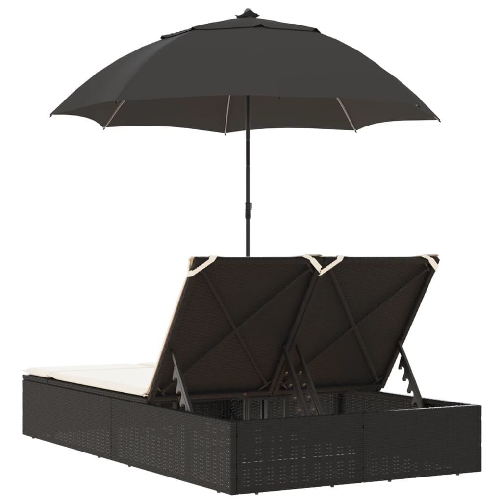 vidaXL Șezlong dublu cu perne/umbrelă de soare, negru, poliratan vidaXL Șezlong dublu cu perne/umbrelă de soare, negru, poliratan
