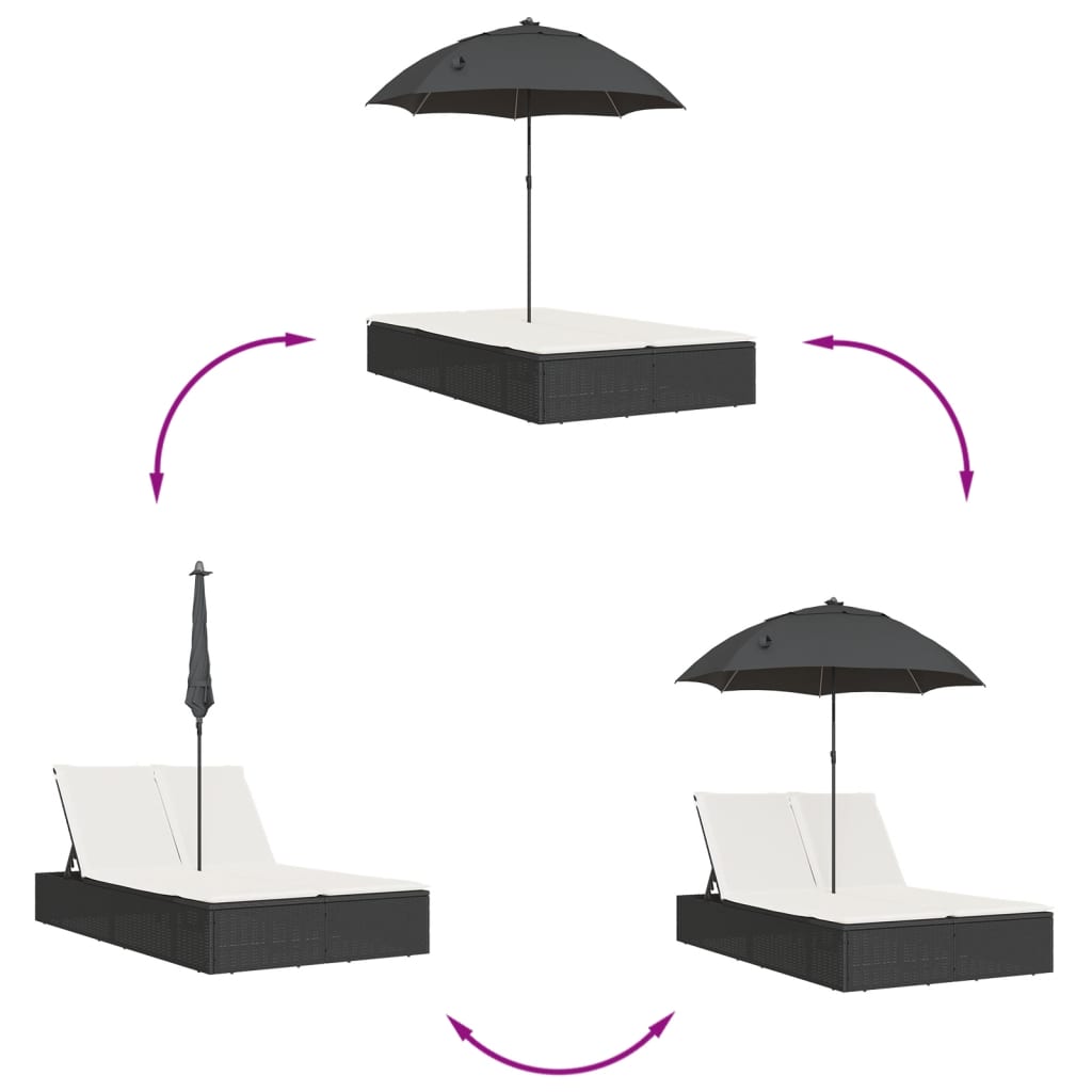 vidaXL Șezlong dublu cu perne/umbrelă de soare, negru, poliratan vidaXL Șezlong dublu cu perne/umbrelă de soare, negru, poliratan