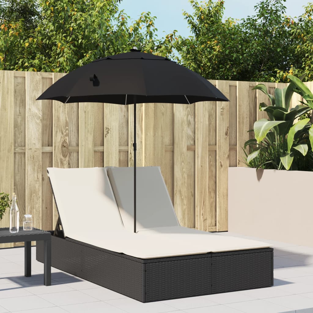 vidaXL Șezlong dublu cu perne/umbrelă de soare, negru, poliratan vidaXL Șezlong dublu cu perne/umbrelă de soare, negru, poliratan