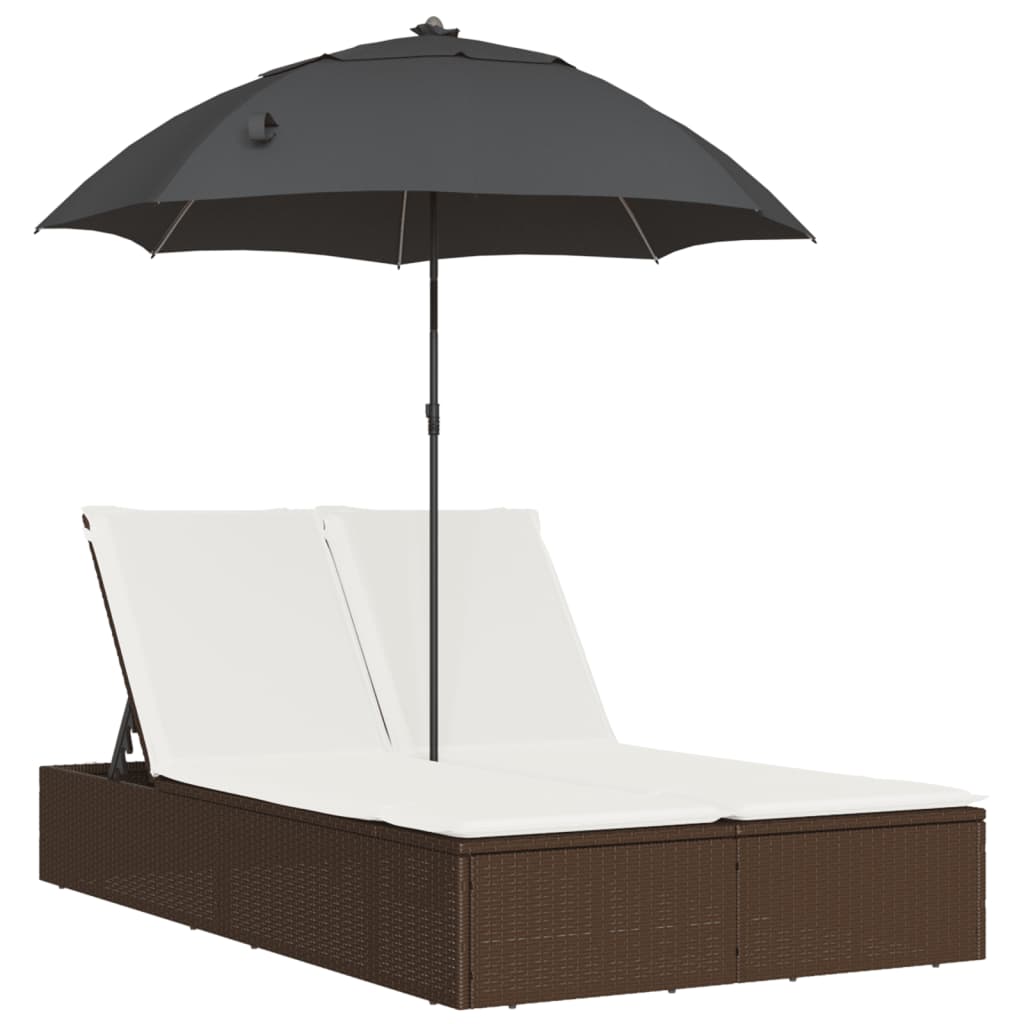 vidaXL Șezlong dublu cu perne/umbrelă de soare, maro, poliratan vidaXL Șezlong dublu cu perne/umbrelă de soare, maro, poliratan
