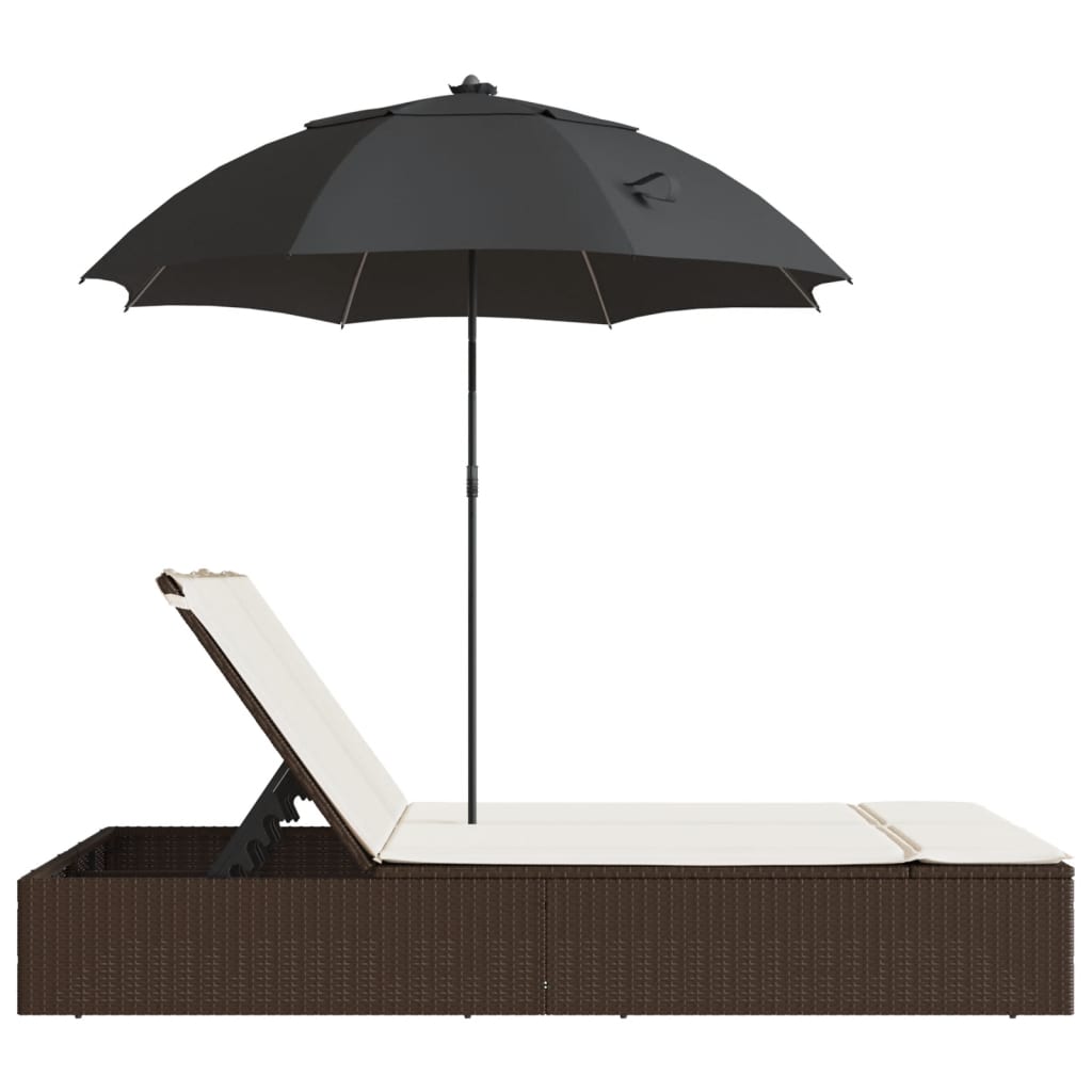 vidaXL Șezlong dublu cu perne/umbrelă de soare, maro, poliratan vidaXL Șezlong dublu cu perne/umbrelă de soare, maro, poliratan