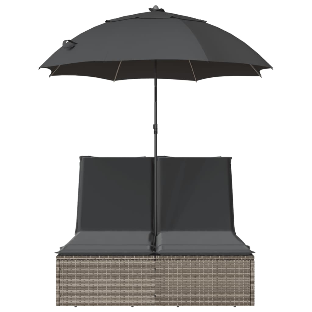vidaXL Șezlong dublu cu perne/umbrelă de soare, gri, poliratan vidaXL Șezlong dublu cu perne/umbrelă de soare, gri, poliratan