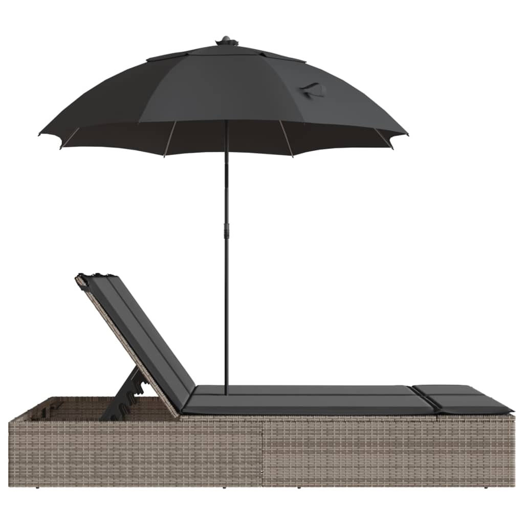 vidaXL Șezlong dublu cu perne/umbrelă de soare, gri, poliratan vidaXL Șezlong dublu cu perne/umbrelă de soare, gri, poliratan