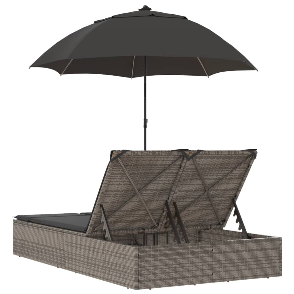 vidaXL Șezlong dublu cu perne/umbrelă de soare, gri, poliratan vidaXL Șezlong dublu cu perne/umbrelă de soare, gri, poliratan