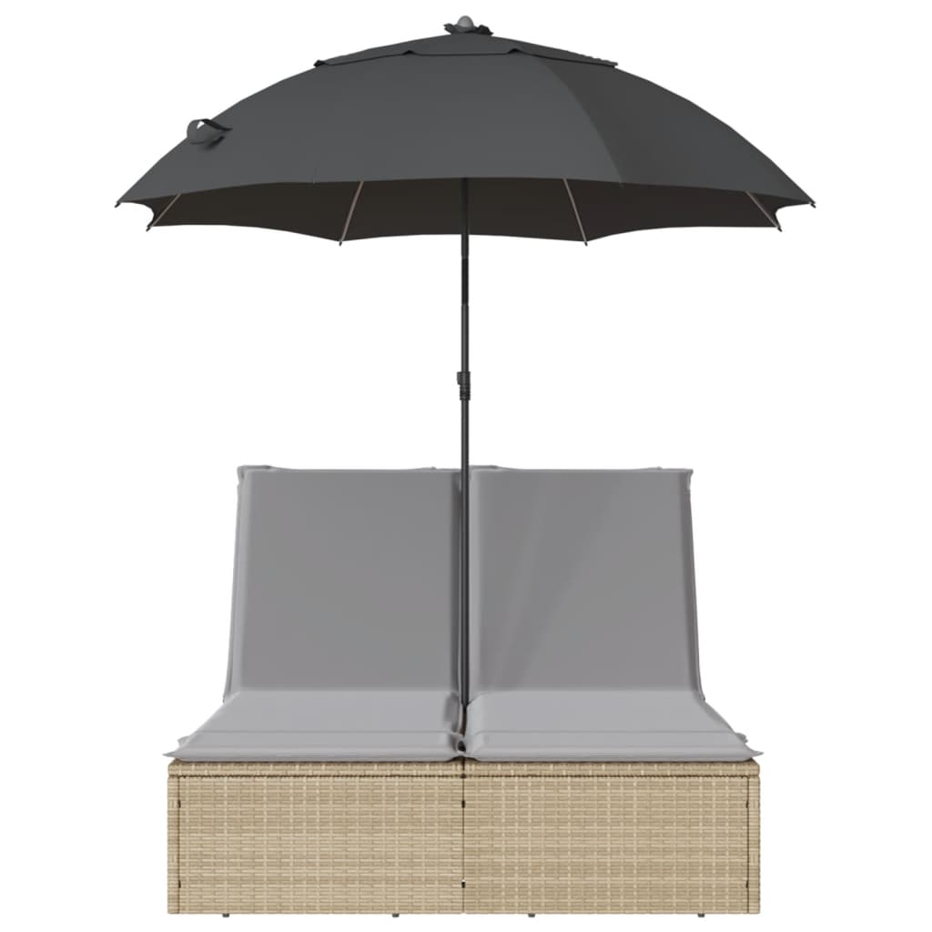 vidaXL Șezlong dublu cu perne/umbrelă de soare, bej, poliratan vidaXL Șezlong dublu cu perne/umbrelă de soare, bej, poliratan