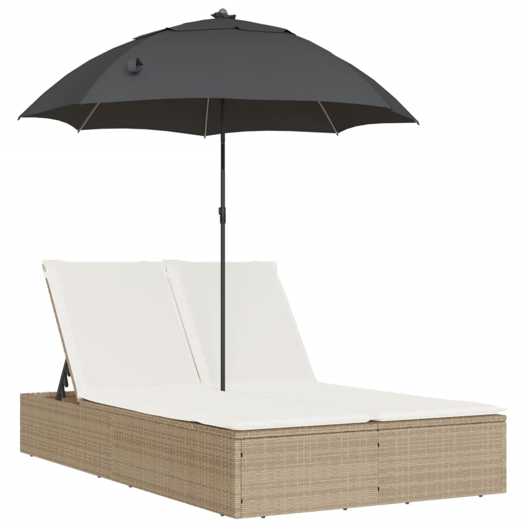 vidaXL Șezlong dublu cu perne/umbrelă de soare, bej, poliratan vidaXL Șezlong dublu cu perne/umbrelă de soare, bej, poliratan