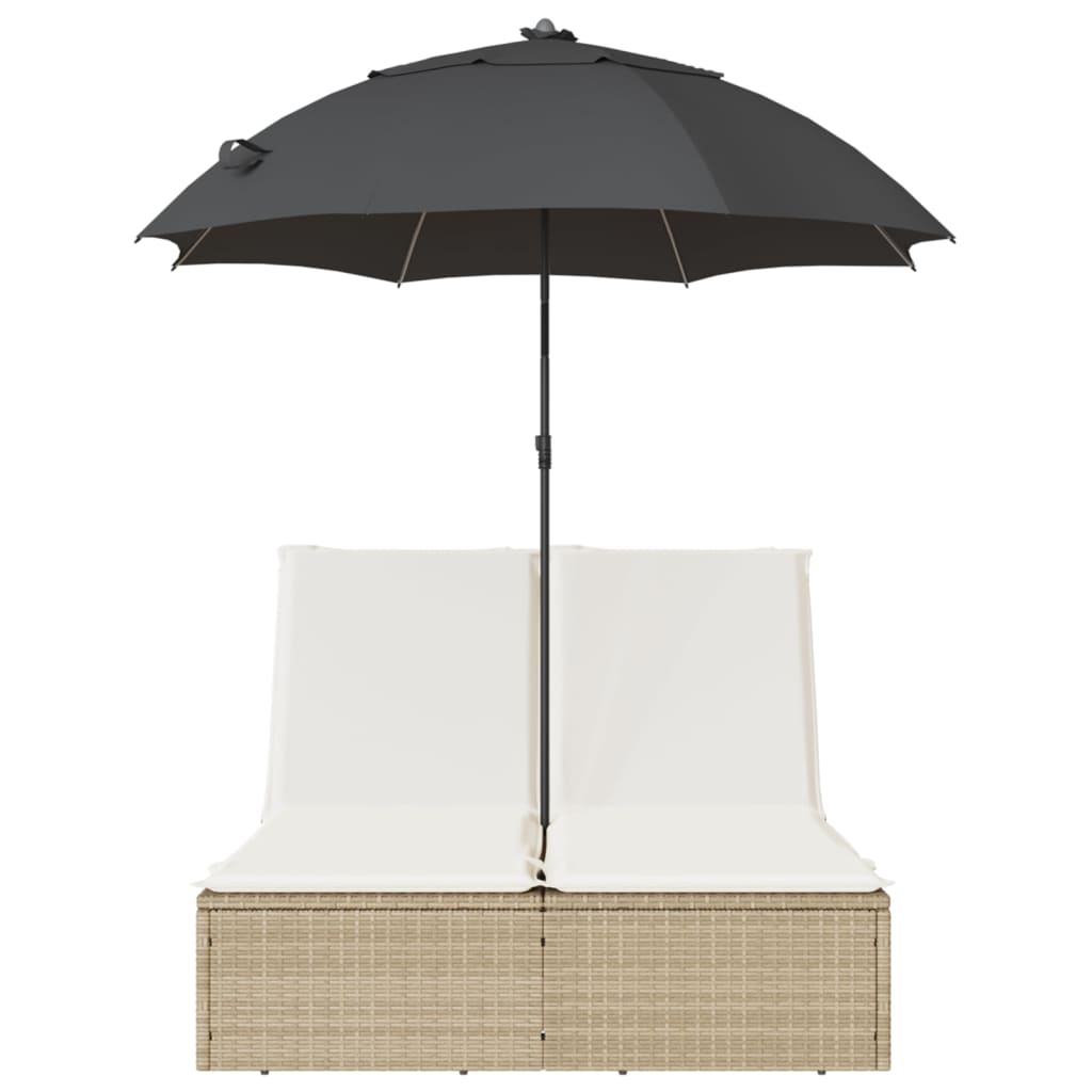 vidaXL Șezlong dublu cu perne/umbrelă de soare, bej, poliratan vidaXL Șezlong dublu cu perne/umbrelă de soare, bej, poliratan