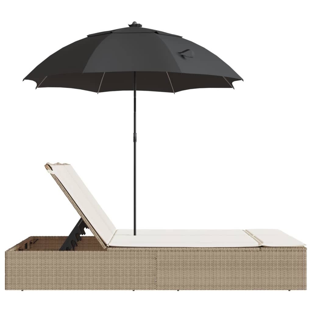vidaXL Șezlong dublu cu perne/umbrelă de soare, bej, poliratan vidaXL Șezlong dublu cu perne/umbrelă de soare, bej, poliratan