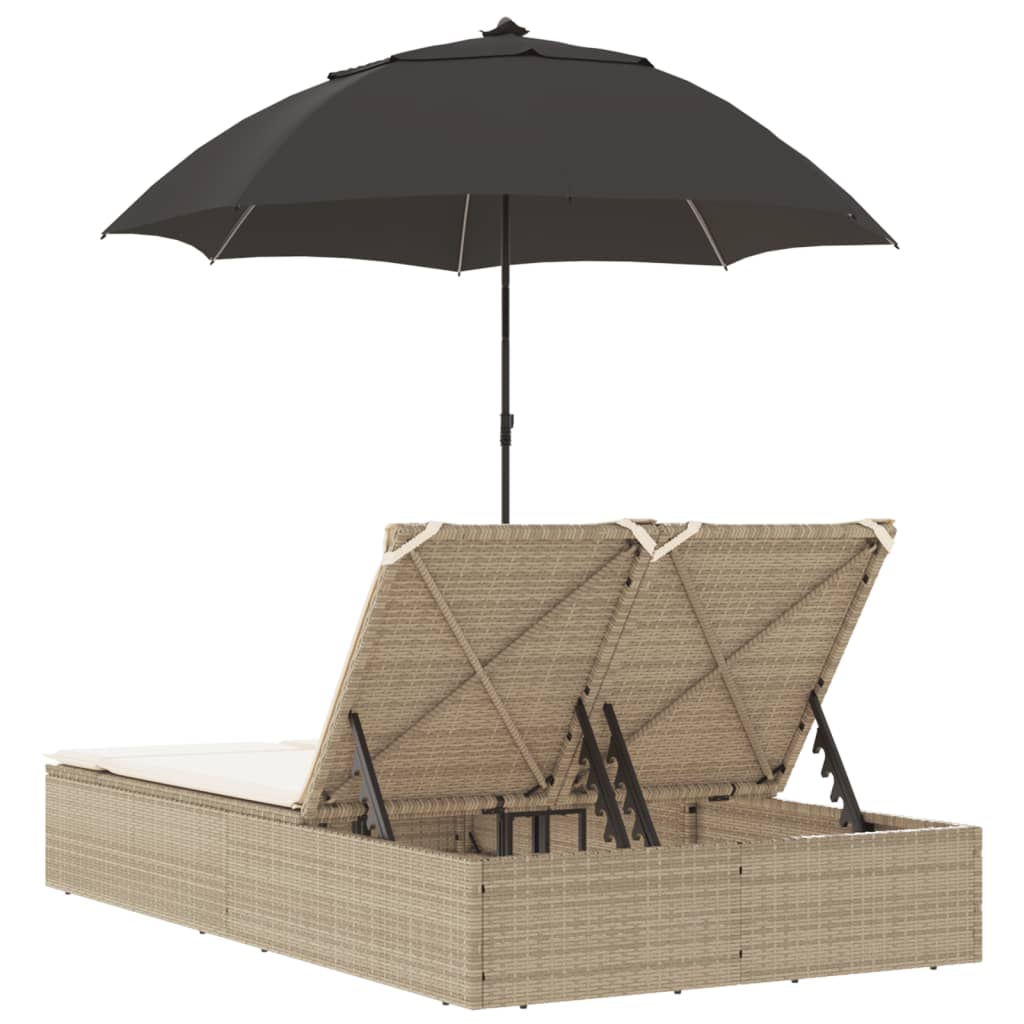 vidaXL Șezlong dublu cu perne/umbrelă de soare, bej, poliratan vidaXL Șezlong dublu cu perne/umbrelă de soare, bej, poliratan