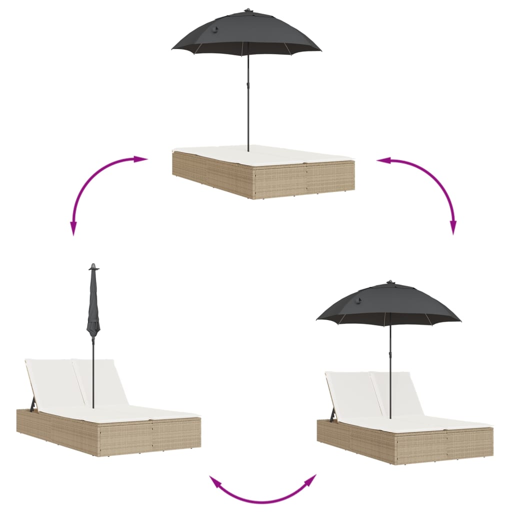 vidaXL Șezlong dublu cu perne/umbrelă de soare, bej, poliratan vidaXL Șezlong dublu cu perne/umbrelă de soare, bej, poliratan
