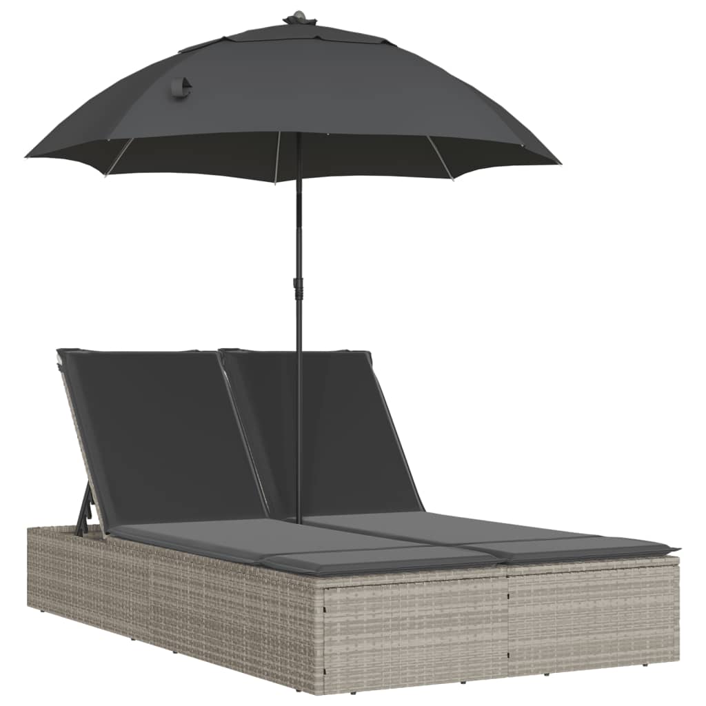 vidaXL Șezlong dublu cu perne/umbrelă de soare, gri deschis, poliratan vidaXL Șezlong dublu cu perne/umbrelă de soare, gri deschis, poliratan