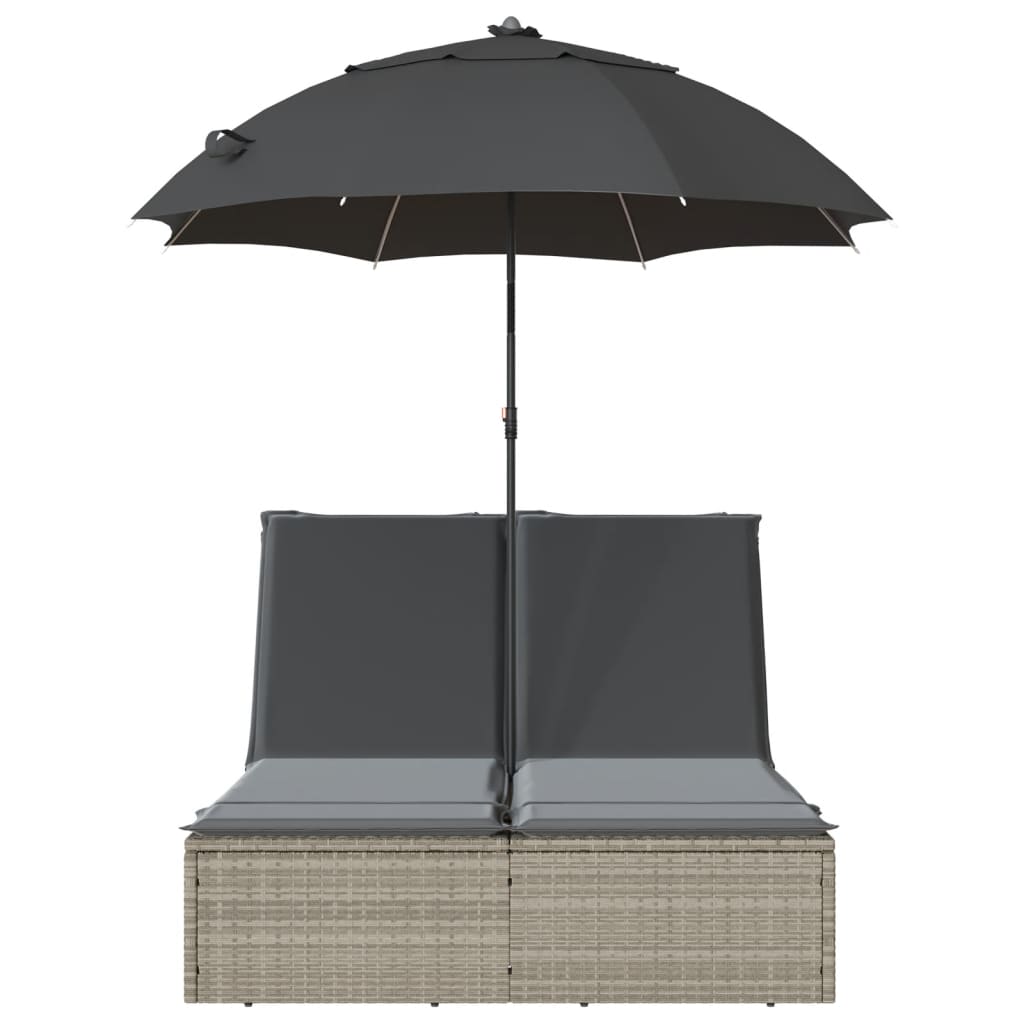 vidaXL Șezlong dublu cu perne/umbrelă de soare, gri deschis, poliratan vidaXL Șezlong dublu cu perne/umbrelă de soare, gri deschis, poliratan