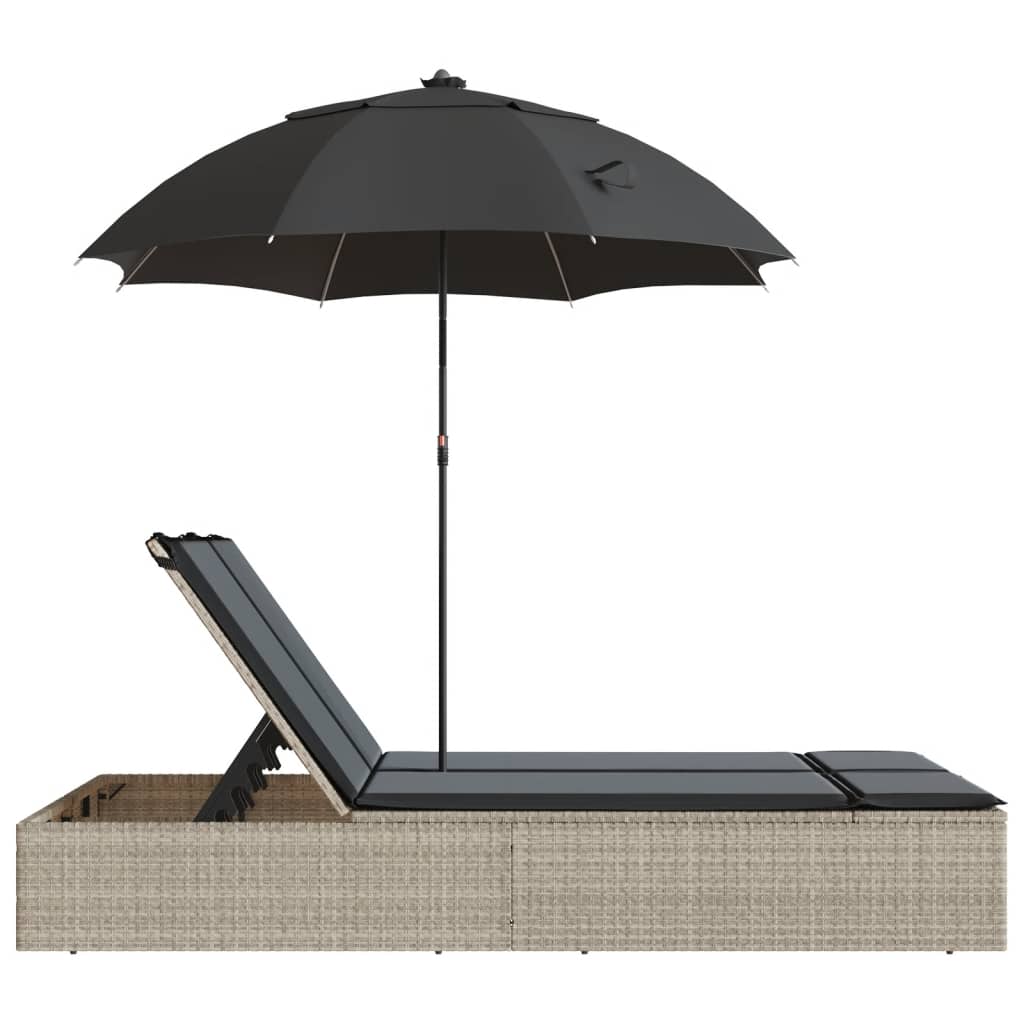 vidaXL Șezlong dublu cu perne/umbrelă de soare, gri deschis, poliratan vidaXL Șezlong dublu cu perne/umbrelă de soare, gri deschis, poliratan
