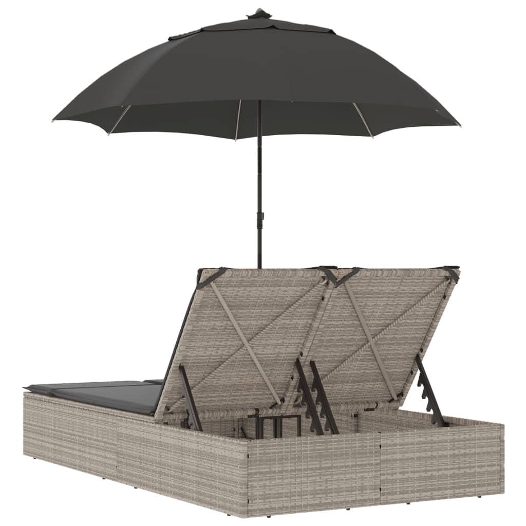 vidaXL Șezlong dublu cu perne/umbrelă de soare, gri deschis, poliratan vidaXL Șezlong dublu cu perne/umbrelă de soare, gri deschis, poliratan