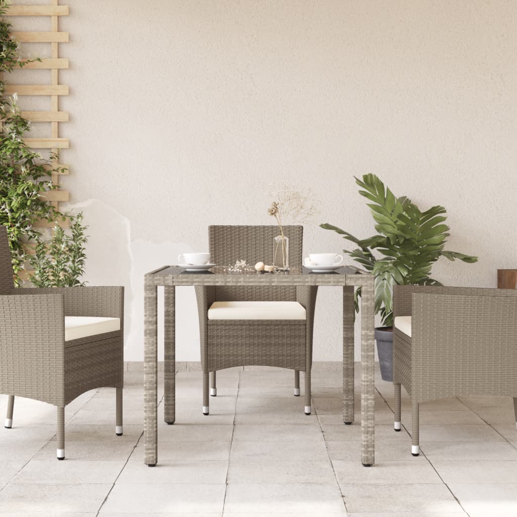 vidaXL Masă de grădină cu blat din sticlă, gri, 90x90x75 cm, poliratan vidaXL Masă de grădină cu blat din sticlă, gri, 90x90x75 cm, poliratan
