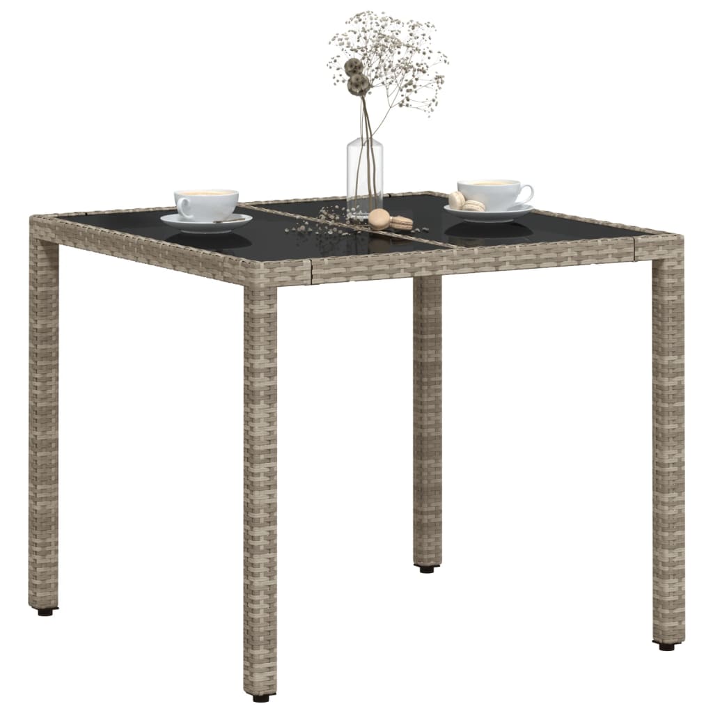 vidaXL Masă de grădină cu blat din sticlă, gri, 90x90x75 cm, poliratan vidaXL Masă de grădină cu blat din sticlă, gri, 90x90x75 cm, poliratan