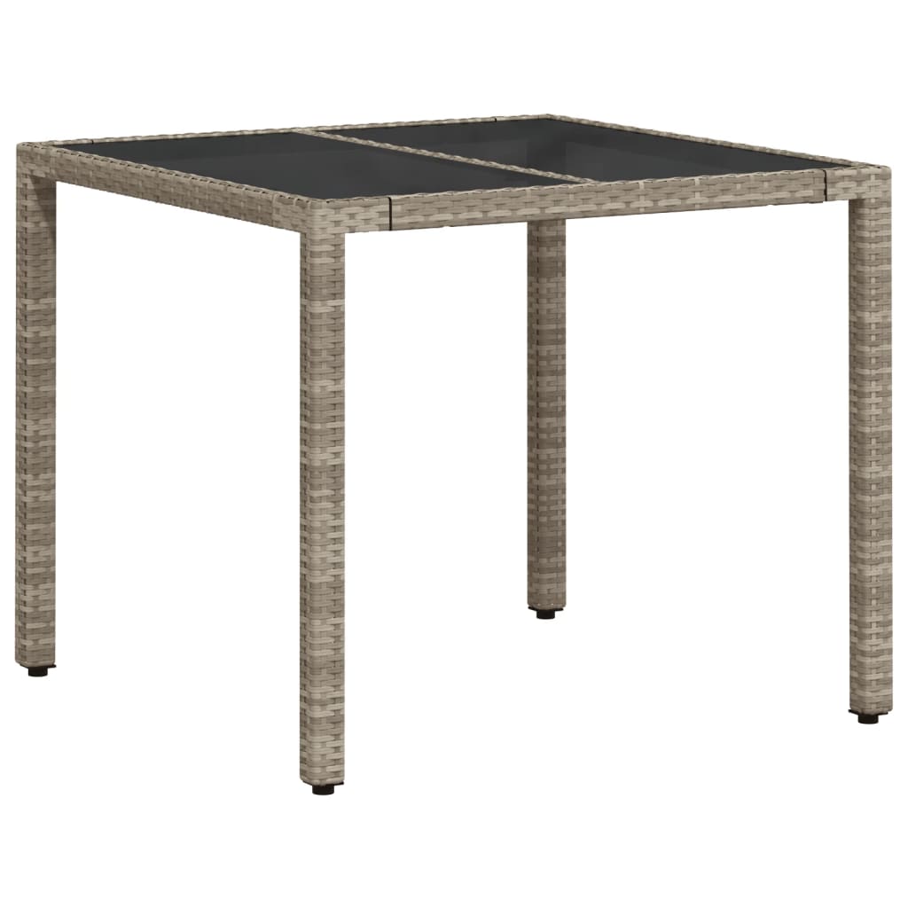 vidaXL Masă de grădină cu blat din sticlă, gri, 90x90x75 cm, poliratan vidaXL Masă de grădină cu blat din sticlă, gri, 90x90x75 cm, poliratan