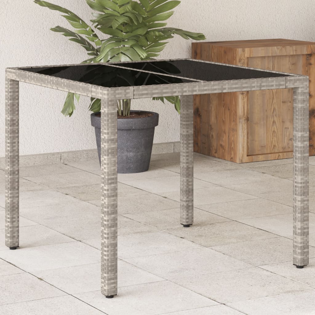 vidaXL Masă de grădină cu blat din sticlă, gri, 90x90x75 cm, poliratan vidaXL Masă de grădină cu blat din sticlă, gri, 90x90x75 cm, poliratan