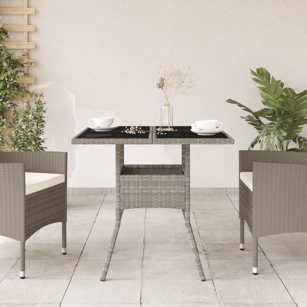 vidaXL Masă grădină blat din sticlă gri deschis 80x80x75 cm poliratan