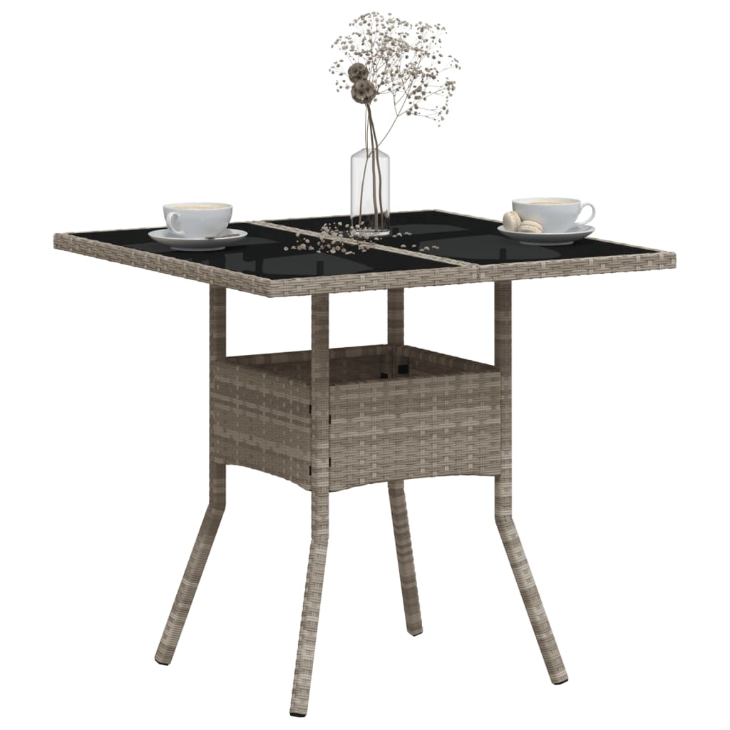 vidaXL Masă grădină blat din sticlă gri deschis 80x80x75 cm poliratan