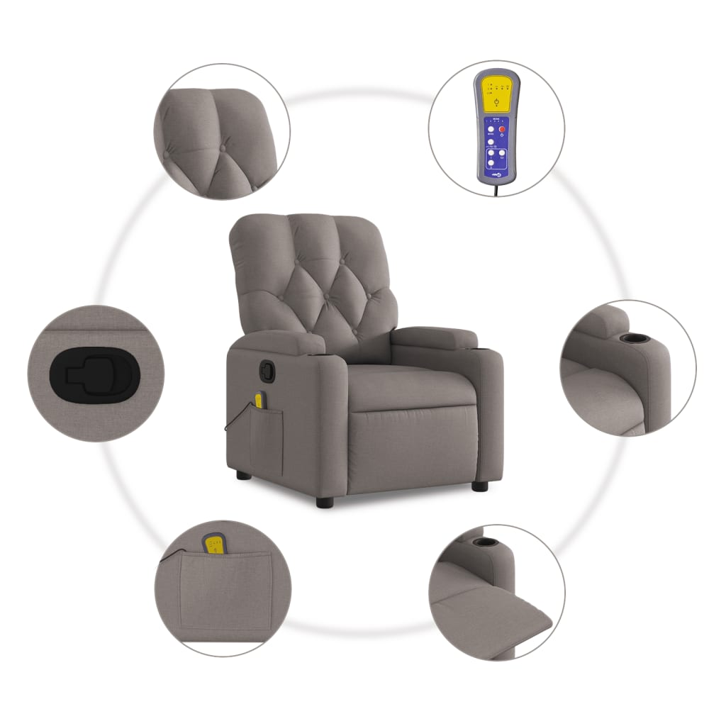 vidaXL Fotoliu de masaj rabatabil, gri taupe, material textil