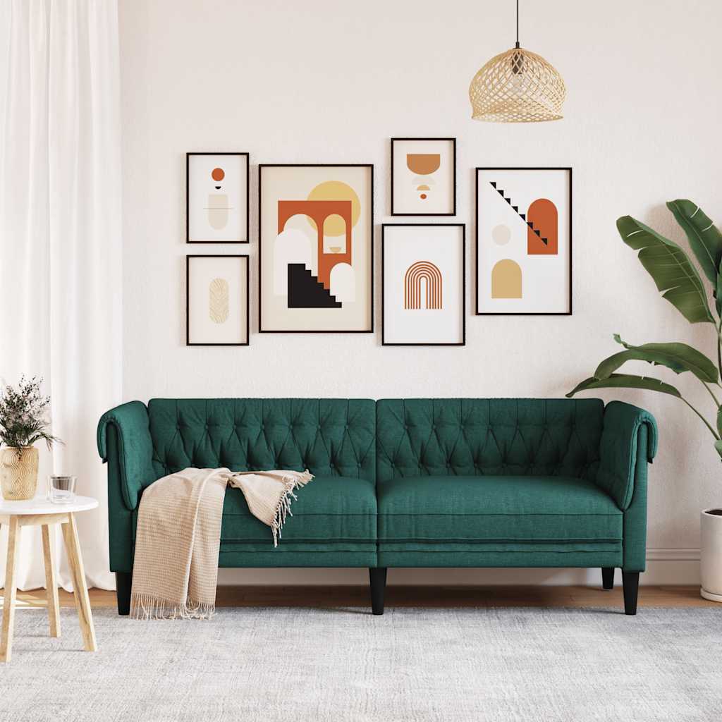 vidaXL Canapea Chesterfield cu 3 locuri, verde închis, material textil vidaXL Canapea Chesterfield cu 3 locuri, verde închis, material textil