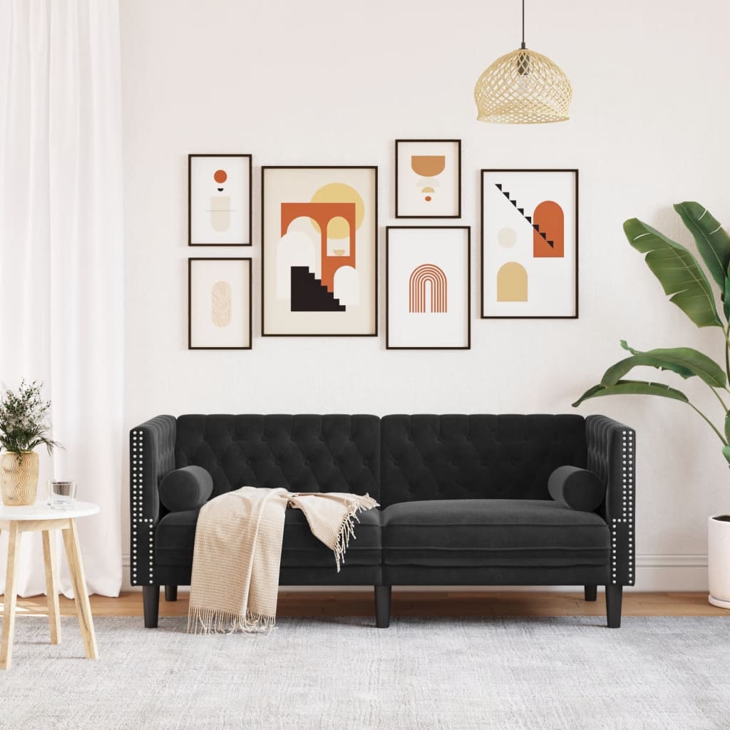 vidaXL Canapea Chesterfield cu pernuțe/2 locuri, negru, catifea vidaXL Canapea Chesterfield cu pernuțe/2 locuri, negru, catifea