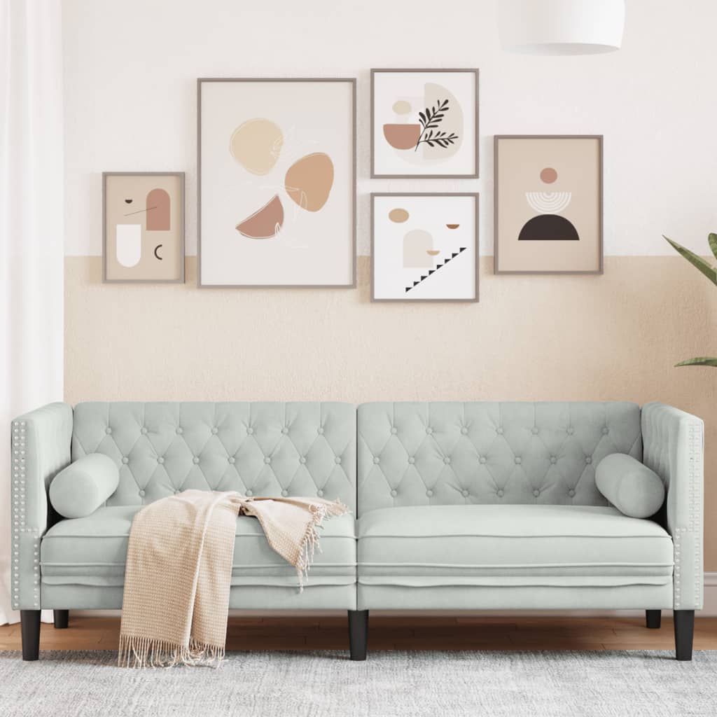 vidaXL Canapea Chesterfield cu pernuțe/3 locuri, gri deschis, catifea vidaXL Canapea Chesterfield cu pernuțe/3 locuri, gri deschis, catifea