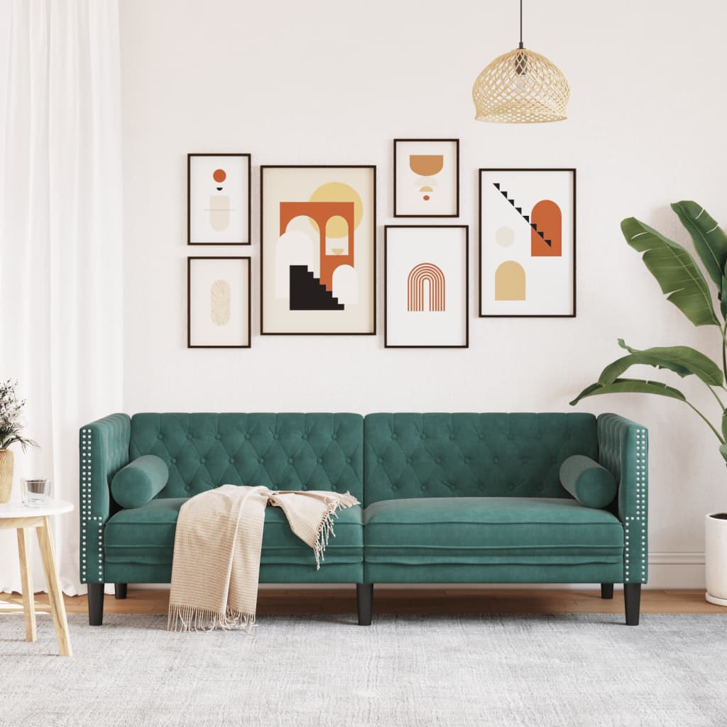 vidaXL Canapea Chesterfield cu pernuțe/3 locuri, verde închis, catifea