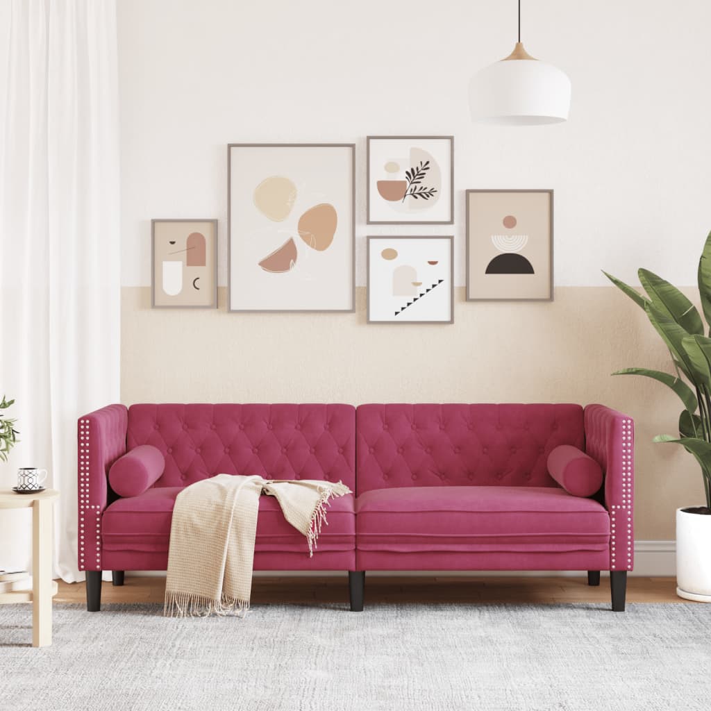 vidaXL Canapea Chesterfield cu pernuțe/3 locuri, roșu vin, catifea vidaXL Canapea Chesterfield cu pernuțe/3 locuri, roșu vin, catifea